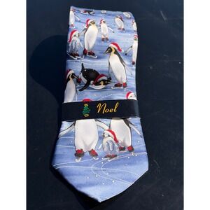 Noel Mens Christmas Silk Tie Blue Ice Skating Penguins Santa Hats Holiday